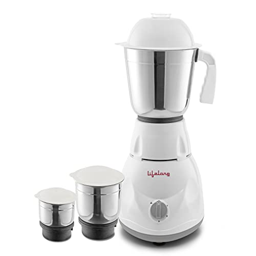 Lifelong Power Pro 500-Watt Mixer Grinder with 3 Jars, 1 Year Warranty (White/Grey)