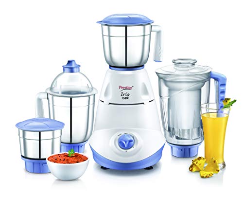 Prestige Iris 750 Watt Mixer Grinder with 3 Stainless Steel Jar + 1 Juicer Jar (White and Blue)